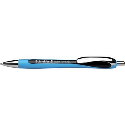 Een blauwe pen van het merk 'Schneider' met een zwarte greep en zilveren punt.