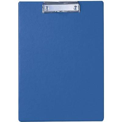 Een blauwe klembord met een metalen klem bovenaan.
