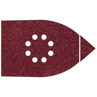 Rood schuurpapier in de vorm van een strijkijzer met acht ronde gaten in het midden, tegen een witte achtergrond.