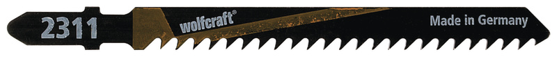 Zaagblad met opschrift: 2311, woodcraft, Made in Germany. Donker design met getande rand.