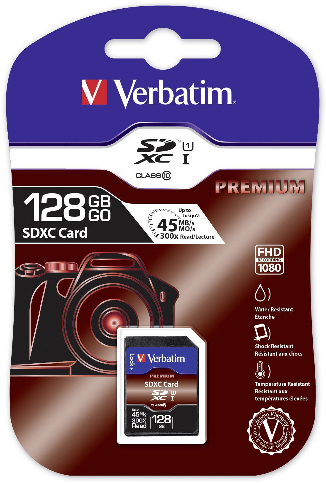 'Verbatim SDXC-kaart 128GB, Klasse 10, tot 45MB/s lees-/schrijfsnelheid, water- en schokbestendig, geschikt voor FHD 1080.'
