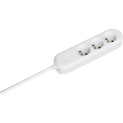 Een witte drievoudige contactdoos met aangesloten kabel; geschikt voor het aansluiten van meerdere elektrische apparaten.