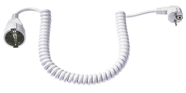 Een witte, spiraalvormige verlengkabel met een stekker en een stopcontact aan beide uiteinden.