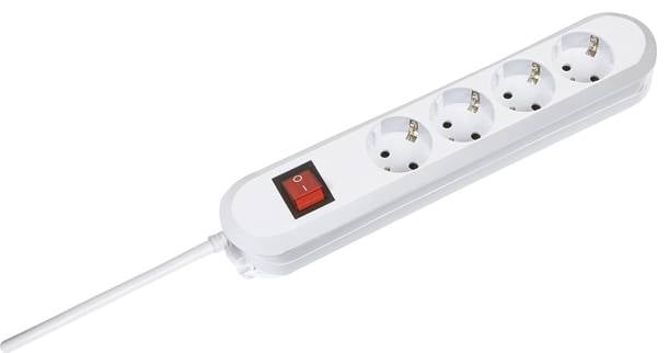 Een witte stekkerdoos met vier stopcontacten en een rode aan/uit-schakelaar voor stroomtoevoer.