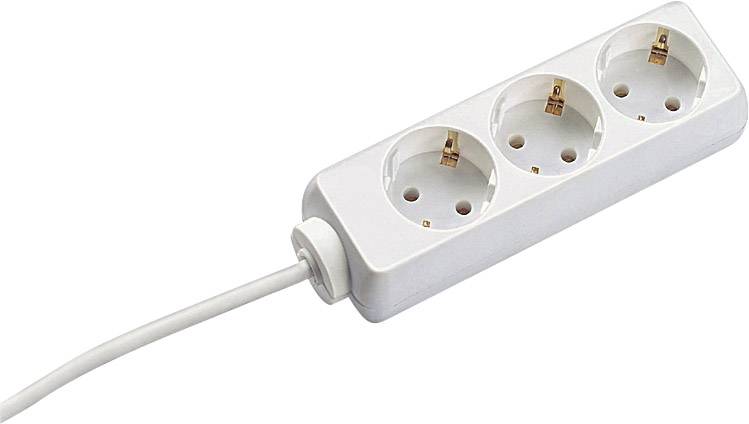 Stekkerdoos met drie aansluitingen en één kabel, gebruikt voor het aansluiten van meerdere apparaten op een stroombron.