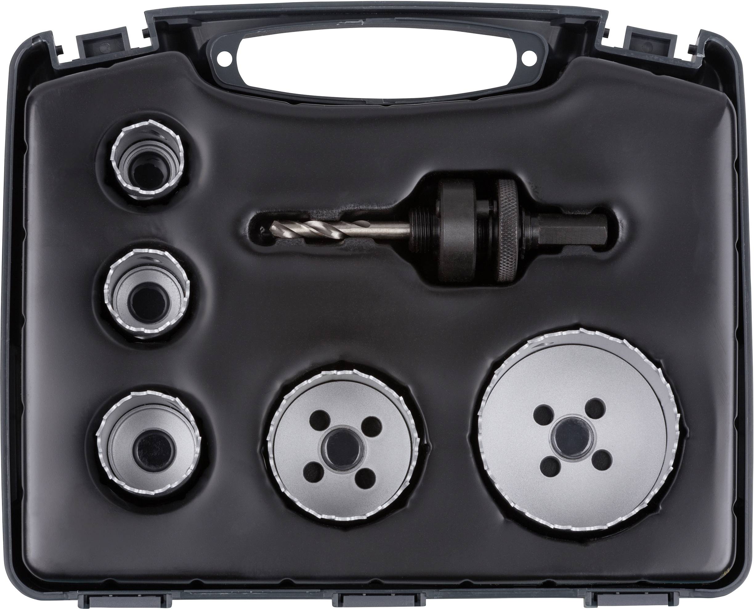 Een set gatenzagen met verschillende opzetstukken in een zwarte kunststof koffer.