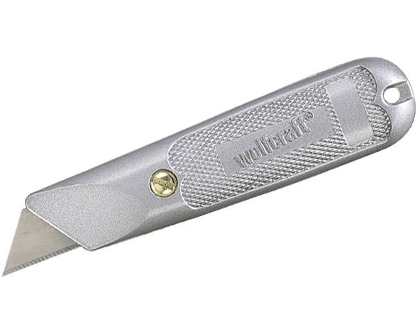 Een zilver universeel mes met uitschuifbaar lemmet en slipvaste handgreep. Geschikt voor het snijden van verschillende materialen.