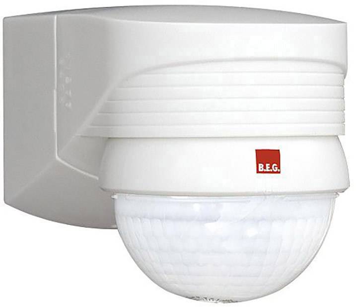 Bewegingsmelder in wit met een gebogen sensorgebied en rood 'B.E.G.' logo, geschikt voor wandmontage.