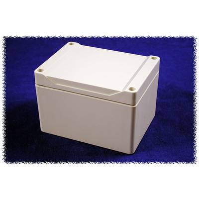 Een rechthoekige, witte kunststof behuizing met een afneembaar deksel op een blauwe achtergrond. Geschikt voor elektronische componenten.