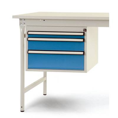 Witte bureau met drie blauwe laden aan de linkerkant. Kantoormeubel in een strak design.