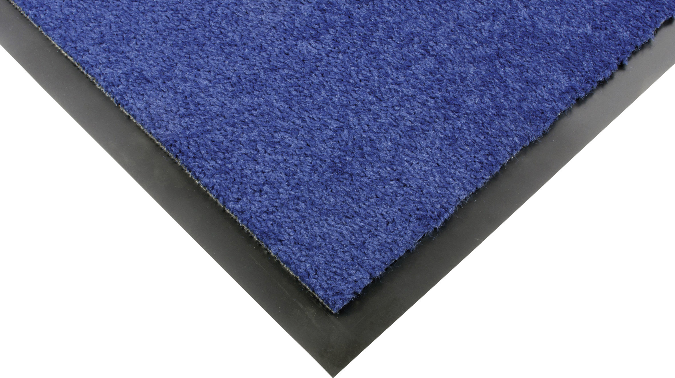Blauwe tapijt met zwarte randafwerking in een hoek, toont textuur en materiaal.