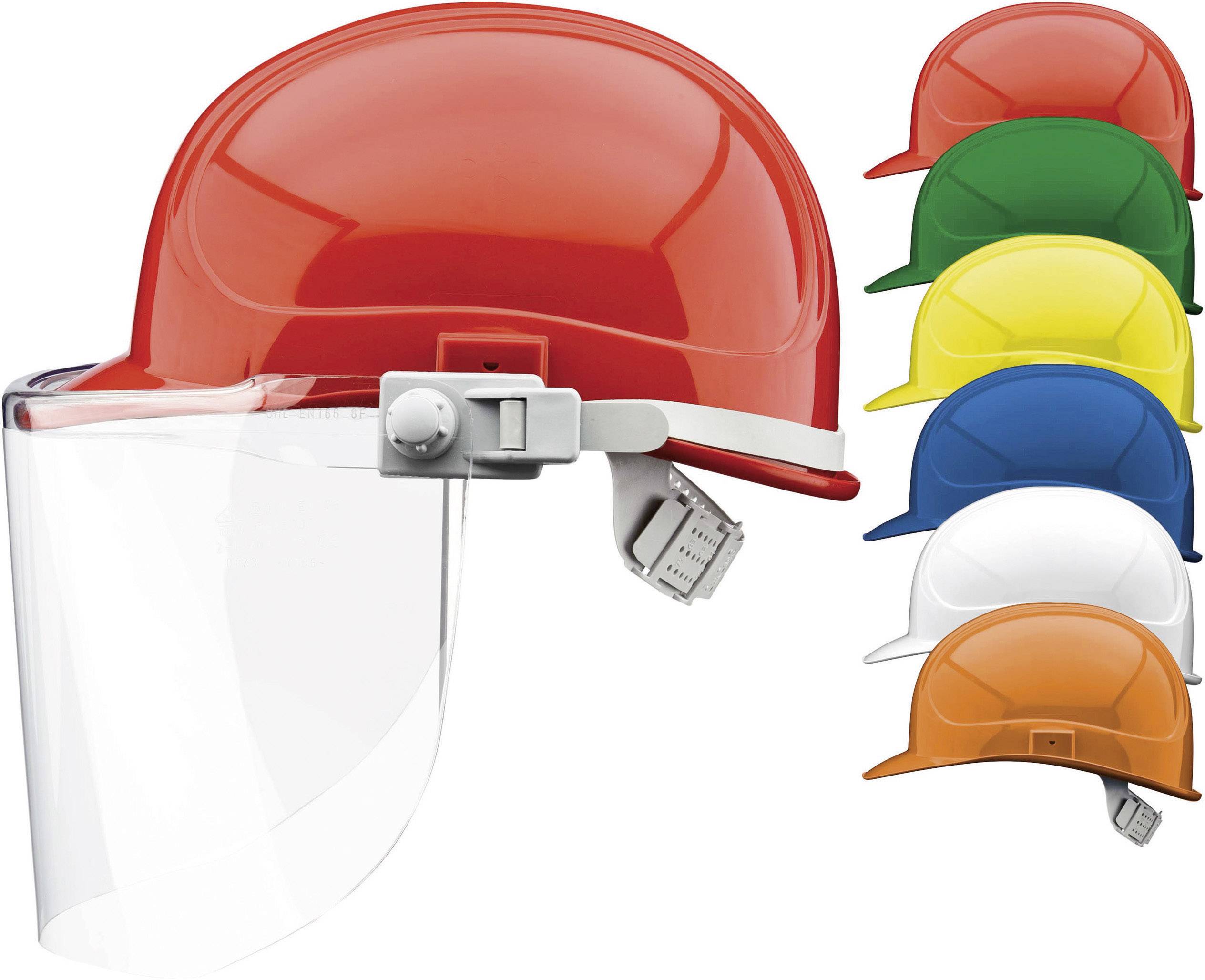 Een rode veiligheidshelm met gelaatsscherm, naast vijf helmen in verschillende kleuren (groen, blauw, geel, wit, oranje) op een rij.