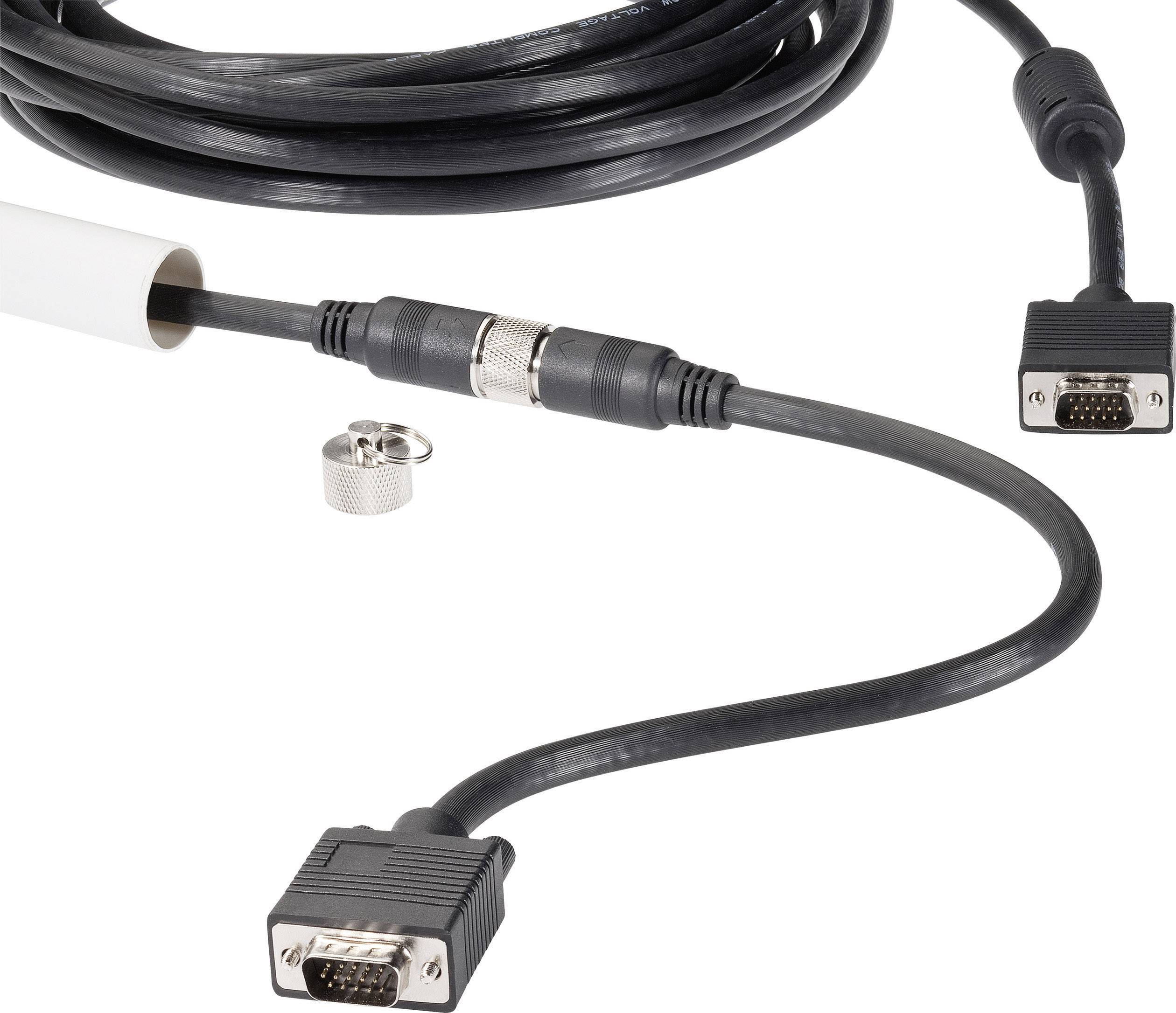 Een zwart-grijs VGA-kabel met connectoren aan beide uiteinden en een verwijderbare adapter in het midden.