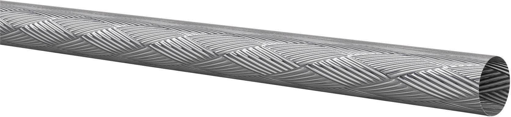 Metalen buis met een gevlochten, gestructureerd patroon op het oppervlak, geschikt voor industriële en decoratieve toepassingen.