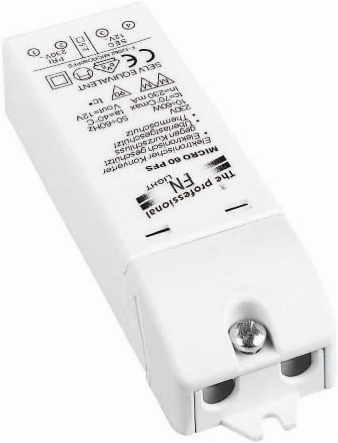 Een witte elektronische voorschakelapparaat met opschriften en specificaties. Gebruikt voor het aansturen van tl-lampen.