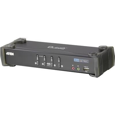 Een KVM-switch van Aten met vier schakeltoetsen voor het bedienen van meerdere computers vanaf één console, modelaanduiding CS1764, aansluitingen zichtbaar.
