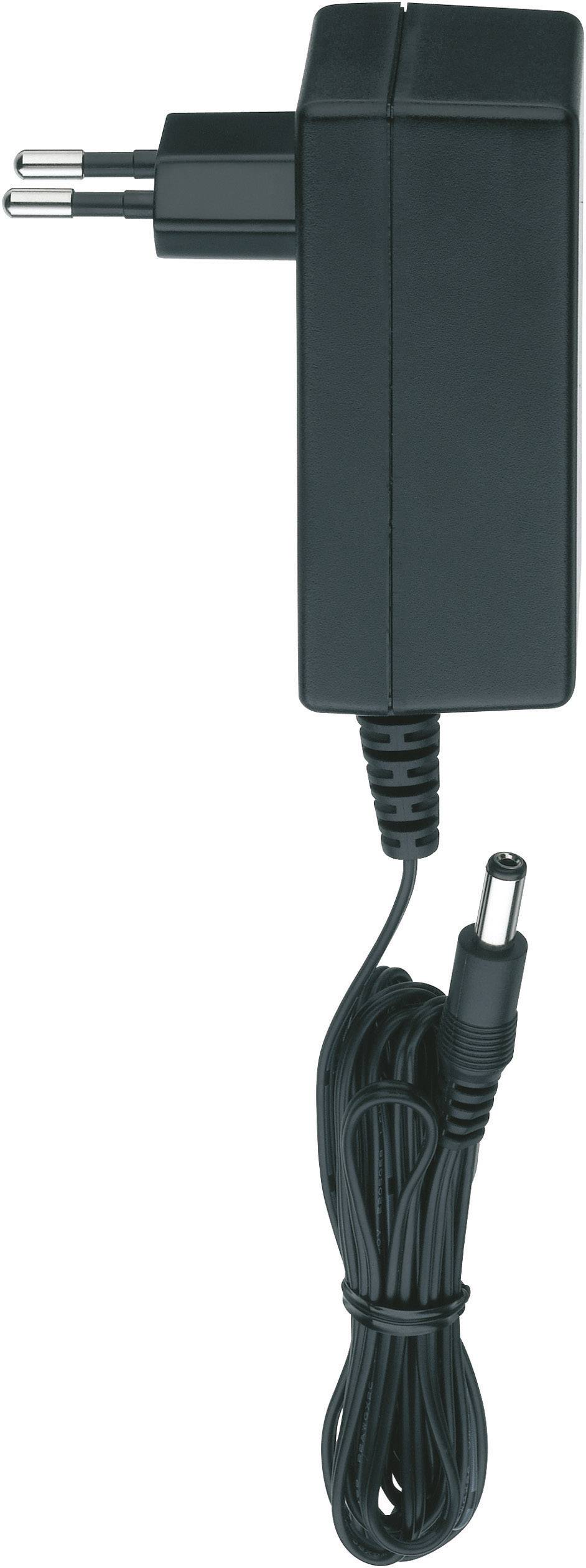 Een zwarte voedingsadapter met kabel. Bovenaan de Euro-stekker, onderaan een coaxiale stekker. De kabel is opgerold.