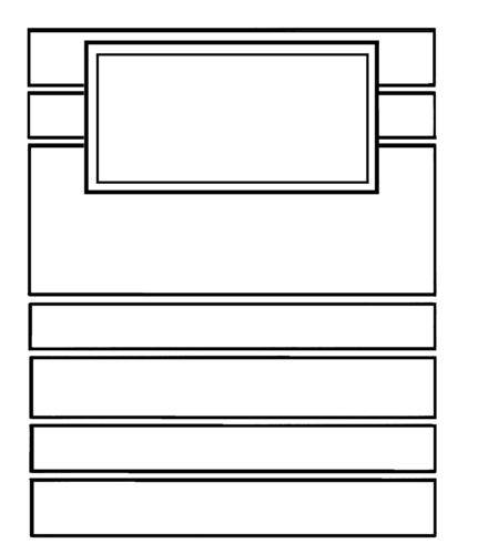 Een eenvoudige weergave van een boekenplank met vijf schappen en een uitstekend deel in het midden aan de bovenkant.