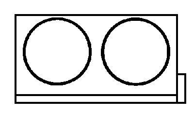 Diagram van twee grote cirkels naast elkaar in een rechthoekig kader. Rechts is een kleinere rechthoekige ruimte toegevoegd.