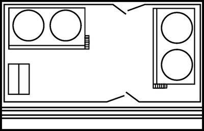 Een eenvoudige zwart-witte technische tekening die mogelijk een lay-out of schema toont met meerdere ronde en rechthoekige elementen.