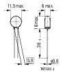 Gedetailleerde tekening van een elektronisch onderdeel met maatvoering. Hoogte 36,1 mm, diameter 6 mm, breedte 11,5 mm, beenlengte 5 mm.