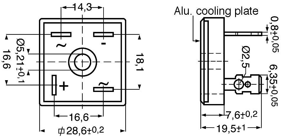 Technische tekening van een elektronisch onderdeel met afmetingen in millimeters. Toont vooraanzicht en zijaanzicht van het onderdeel.