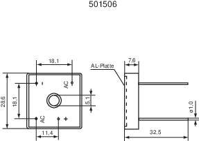 Technische tekening van een rechthoekige metalen plaat met een gat in het midden, voorzien van afmetingen en markeringen voor plus- en minuspolen.