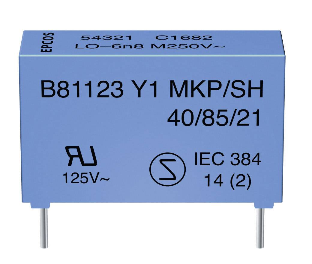Een blauwe condensator met opschrift 'B81123 Y1 MKP/SH 40/85/21', geschikt voor 250V. Markeringen tonen certificerings- en specificatiesymbolen.