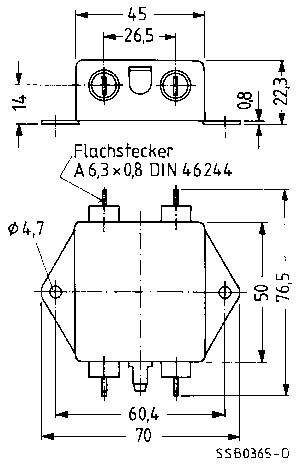 Technische tekening van een elektrisch onderdeel met afmetingen, aansluitaanduiding 'Platte connector A 6,3 x 0,8 DIN 46244'.