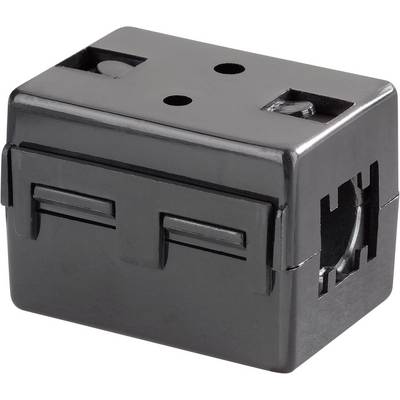 Zwart kunststof behuizing met gaten en sleuven, rechthoekige vorm, mogelijk bestemd voor elektronische componenten.
