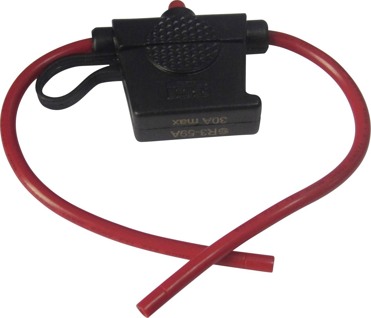 Zwarte zekeringhouder met rood kabel, geschikt voor 30A.