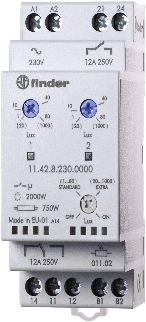 Finder 11.42.8.230.0000 Schemerschakelaar 1 stuk(s) Voedingsspanning (num):230 V/AC Lichtgevoeligheid: 1, 20 - 80, 1000 lx, lx 1x wisselcontact, 1x NO
