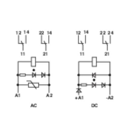 'Schakelschema's voor AC en DC: AC met weerstand en diode, DC met twee dioden. Beide tonen schakelpositities en aansluitklemmen.'