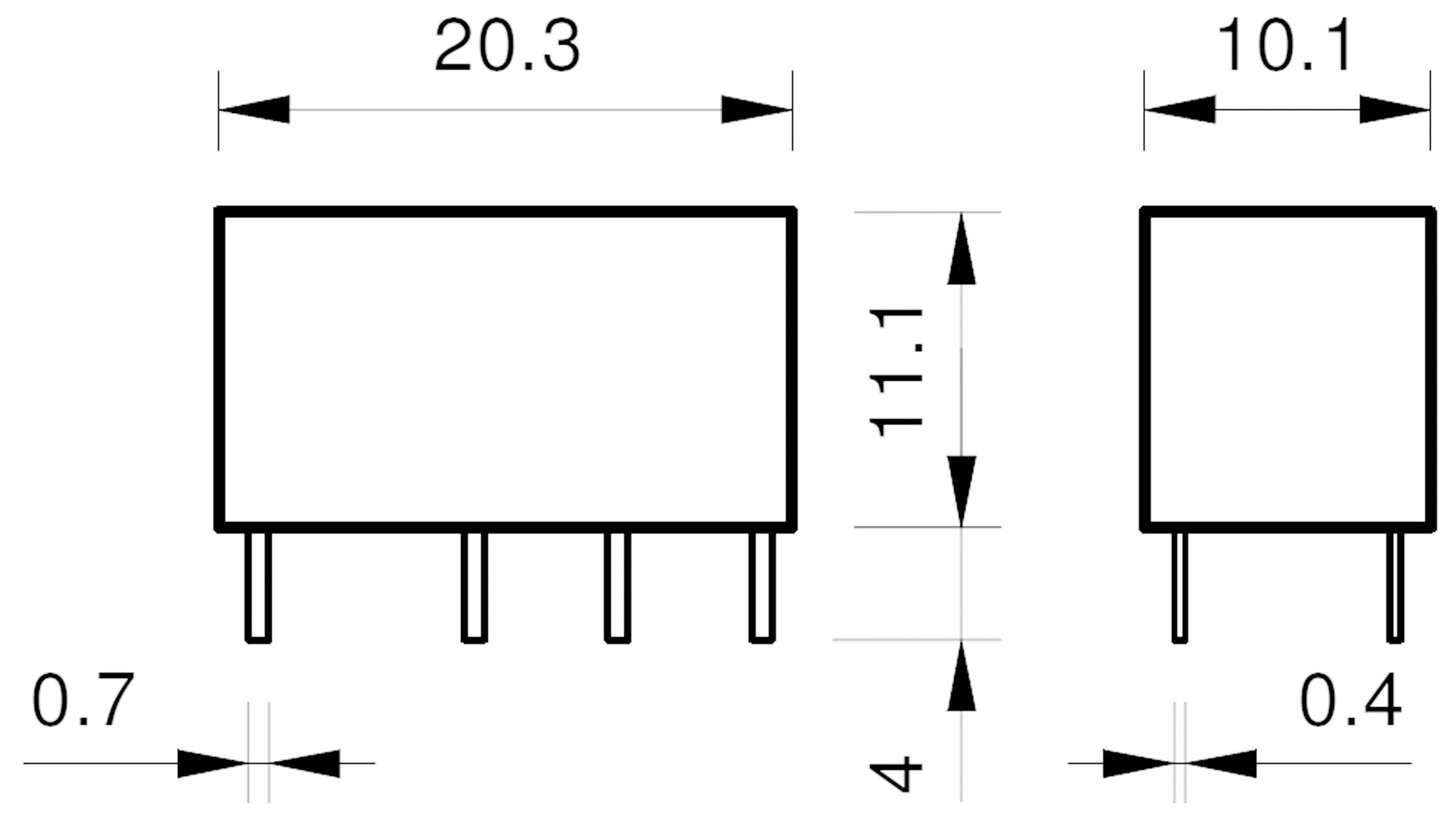 Afmetingen van een rechthoekig elektronisch onderdeel: 20,3 mm lengte, 11,1 mm hoogte, 10,1 mm breedte, pinafstanden 0,7 mm en 0,4 mm.