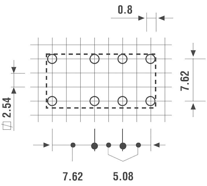 Technische tekening van een microchip-pinindeling met specifieke afmetingen: 7,62 mm lengte, 2,54 mm hoogte, en een pinafstand van 0,8 mm.