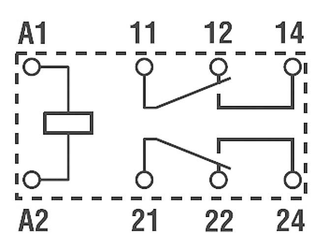 Bedradingsschema van een relais met aansluitingen A1, A2, 11, 12, 14, 21, 22, 24, toont elektrische verbindingspunten en schakelaars.