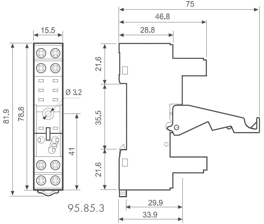 Technische tekening van een elektrische relaisvoet met afmetingen in millimeters. Zij- en vooraanzicht met specifieke maten.