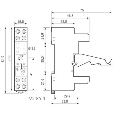 Technische tekening van een elektrische relaisvoet met afmetingen in millimeters. Zij- en vooraanzicht met specifieke maten.