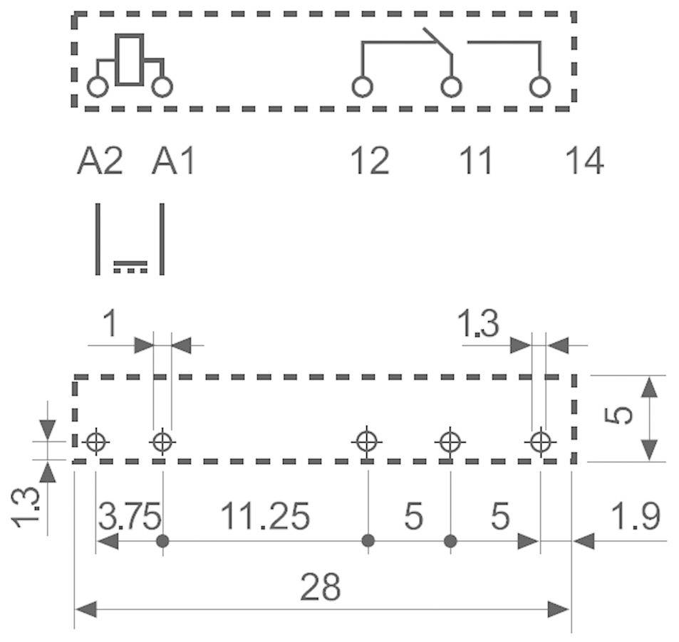 Technische tekening van een elektronisch onderdeel met aansluitingen A2, A1, 12, 11, 14. Afmetingen: 28 lengte, 1,3 breedte, 1,9 hoogte.