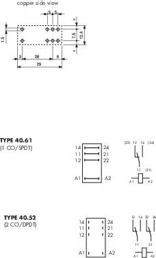'Type 40.61' en 'Type 40.52' schakelingssymbolen met afmetingen en pin-layout. Toont elektrische aansluitdetails voor relaisontwerpen.