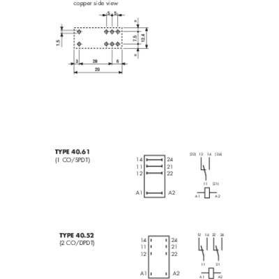 'Type 40.61' en 'Type 40.52' schakelingssymbolen met afmetingen en pin-layout. Toont elektrische aansluitdetails voor relaisontwerpen.