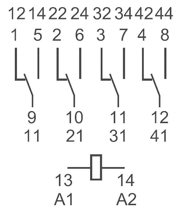 Schakelschema met 8 schakelaars, genummerd van 1 tot 8, verbonden met de nummers 9-14, A1 en A2. Toont elektrische verbindingen.