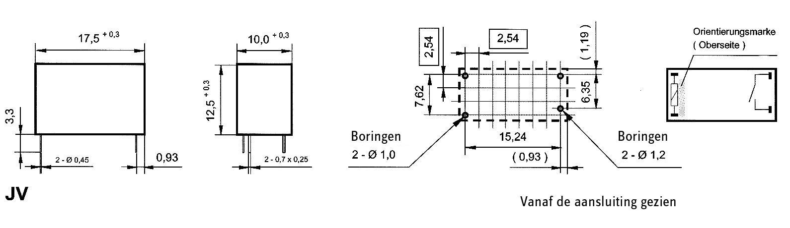 Technische tekening van een elektronisch onderdeel met afmetingen in millimeters. Toont verschillende perspectieven en aansluitingsinformatie.