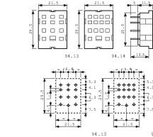 Technische tekening van twee rechthoekige onderdelen met afmetingen en gatenpatroon. De afmetingen zijn 21,5 mm en 17,3 mm.
