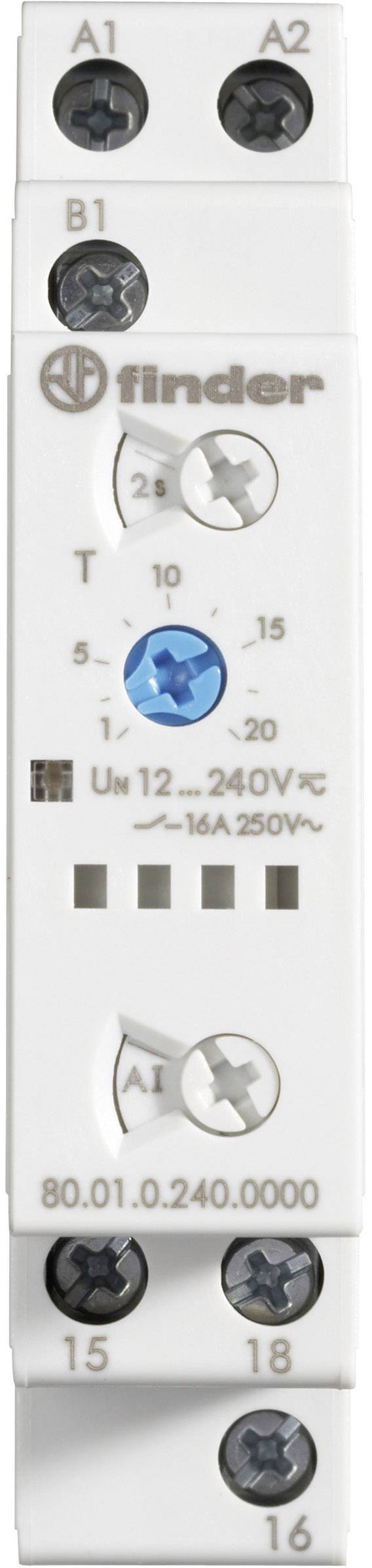 'Finder Relais' met schroefklemmen en blauwe draaiknop voor tijdsturing, bedrukt met specificaties '12-240V' en '16A 250V'.