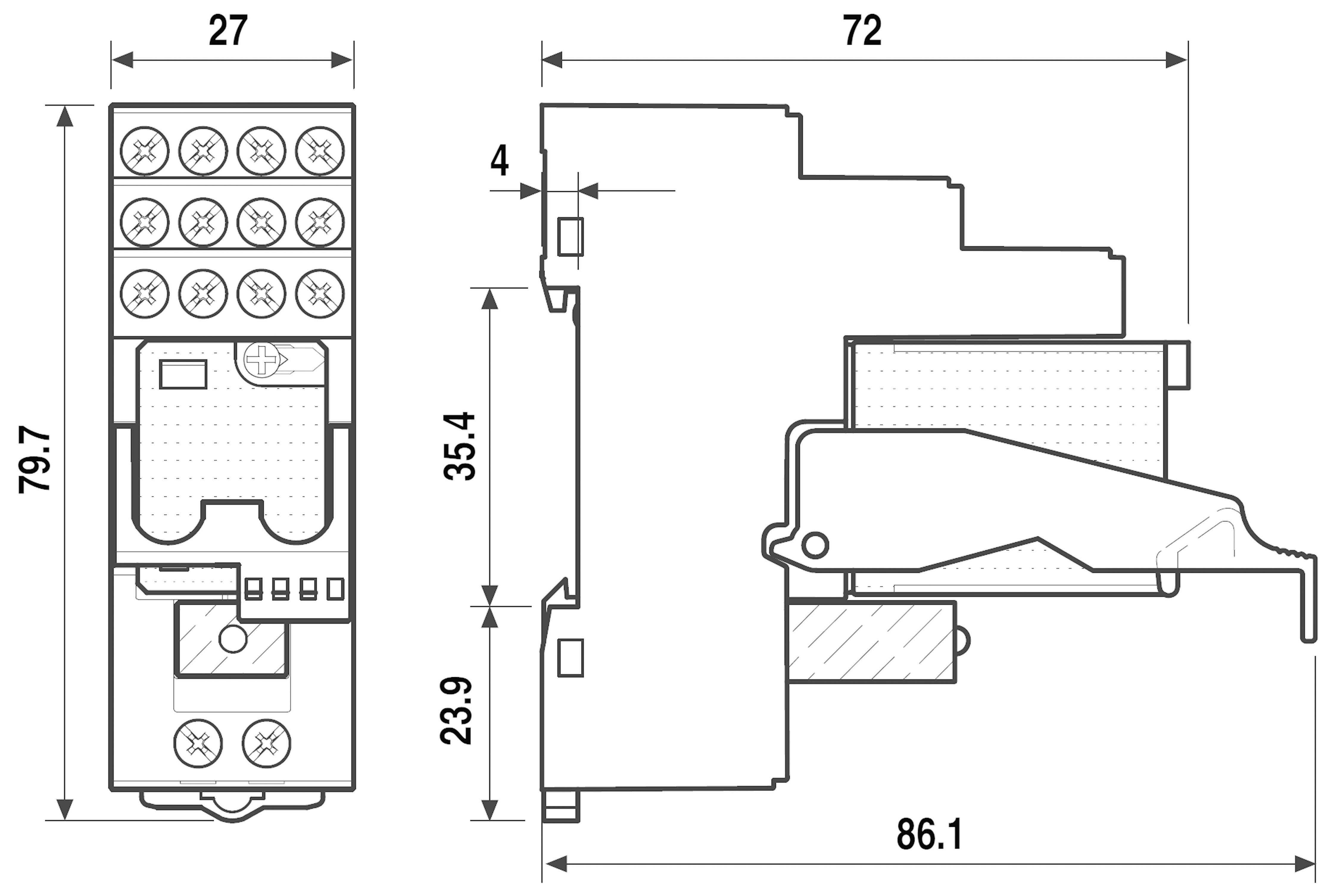 Technische tekening van een elektrisch onderdeel met afmetingen: hoogte 79,7 mm, breedte 27 mm, diepte 86,1 mm.