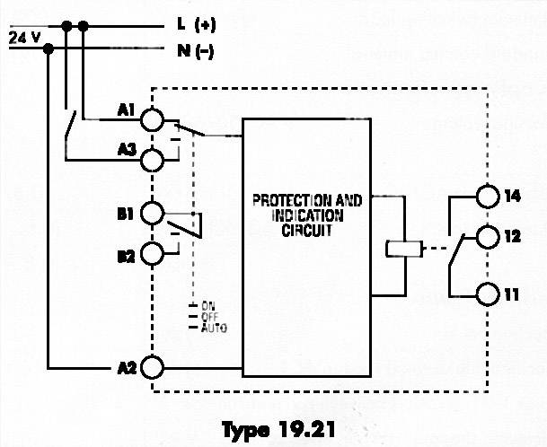 Schakelschema toont 'Beschermings- en indicatiecircuit Type 19.21' met ingangs- en uitgangaansluitingen, 24V voedingsspanning.
