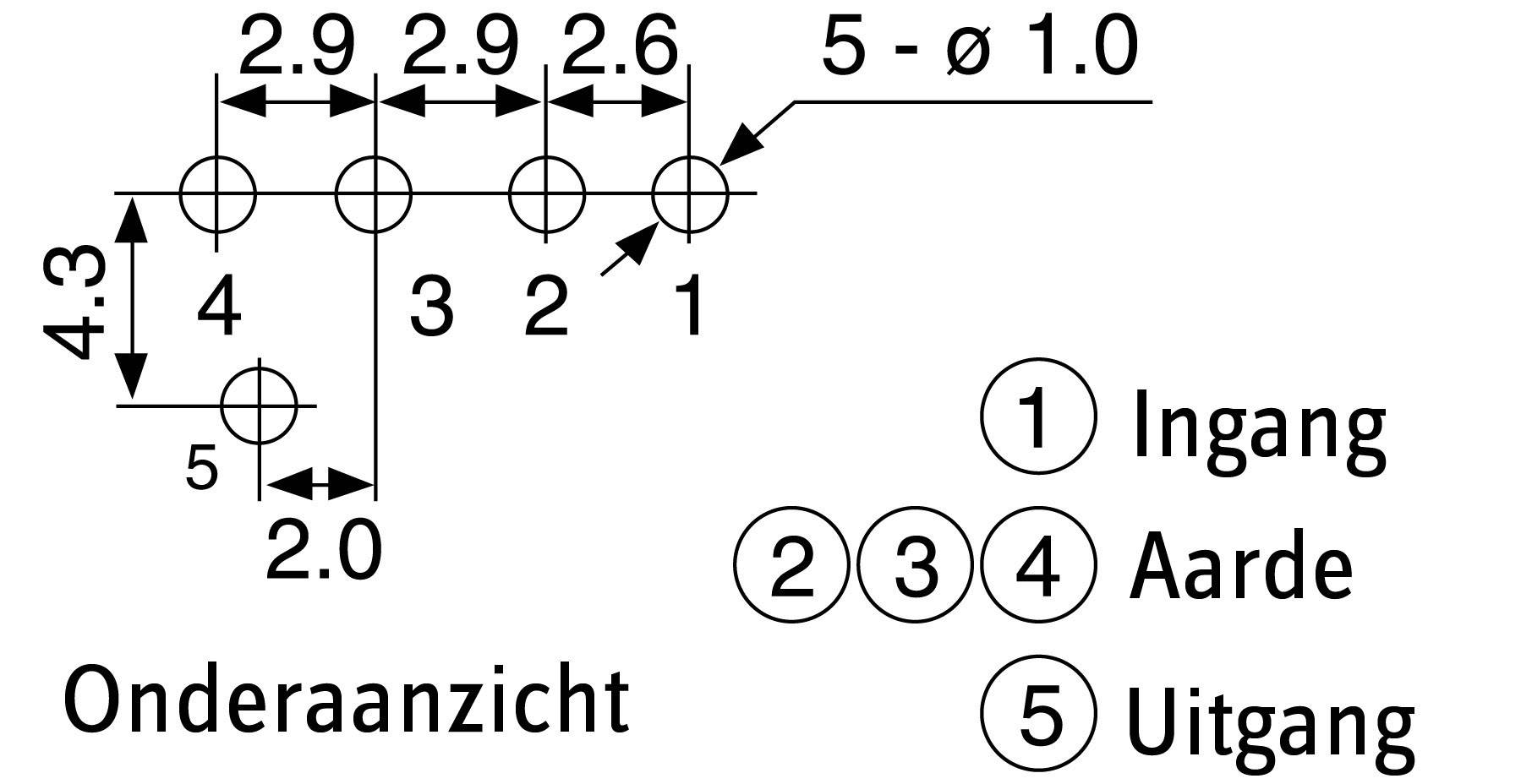 Elektrische schakeling: Vijfpolige stekker met pinbezetting, aanzicht van onderen. Gelabeld: '1 Ingang, 2, 3, 4 Massa, 5 Uitgang'.