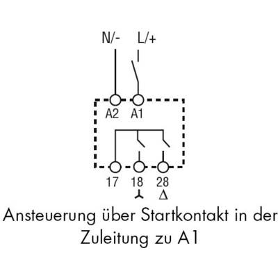 'Schakelschema met driehoek-schakelssymbool. A1 en A2 verbonden met startcontact. Verbruiker aangesloten op N/- en L/+.'