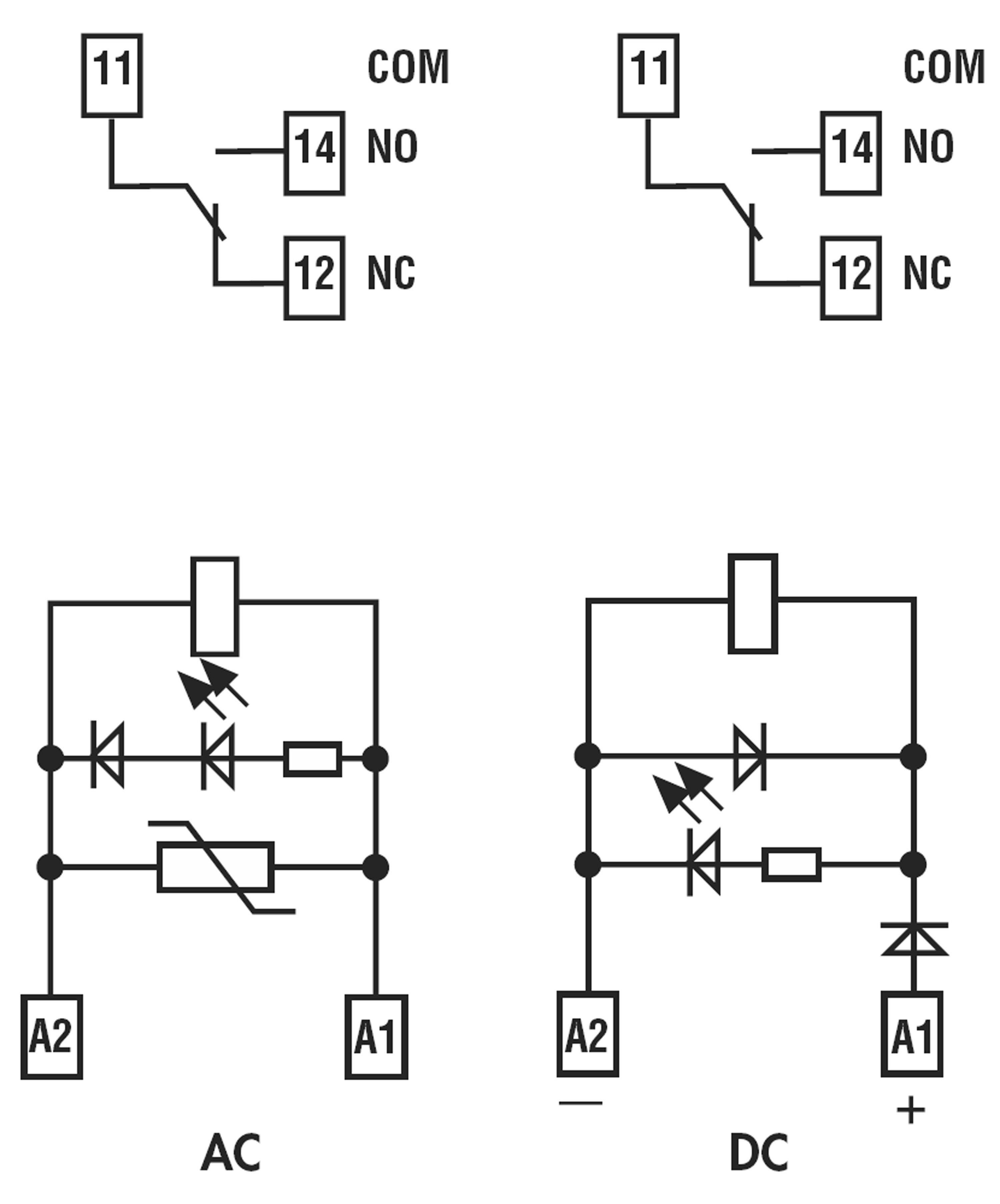 'Schakelschema's van relais' tonen twee schakeldiagrammen voor wisselstroom (AC) en gelijkstroom (DC) met markeringen voor aansluitingen en diodes.